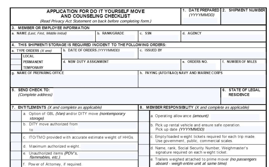 DD 2278 - Application For Do It Yourself Move and Counseling Checklist